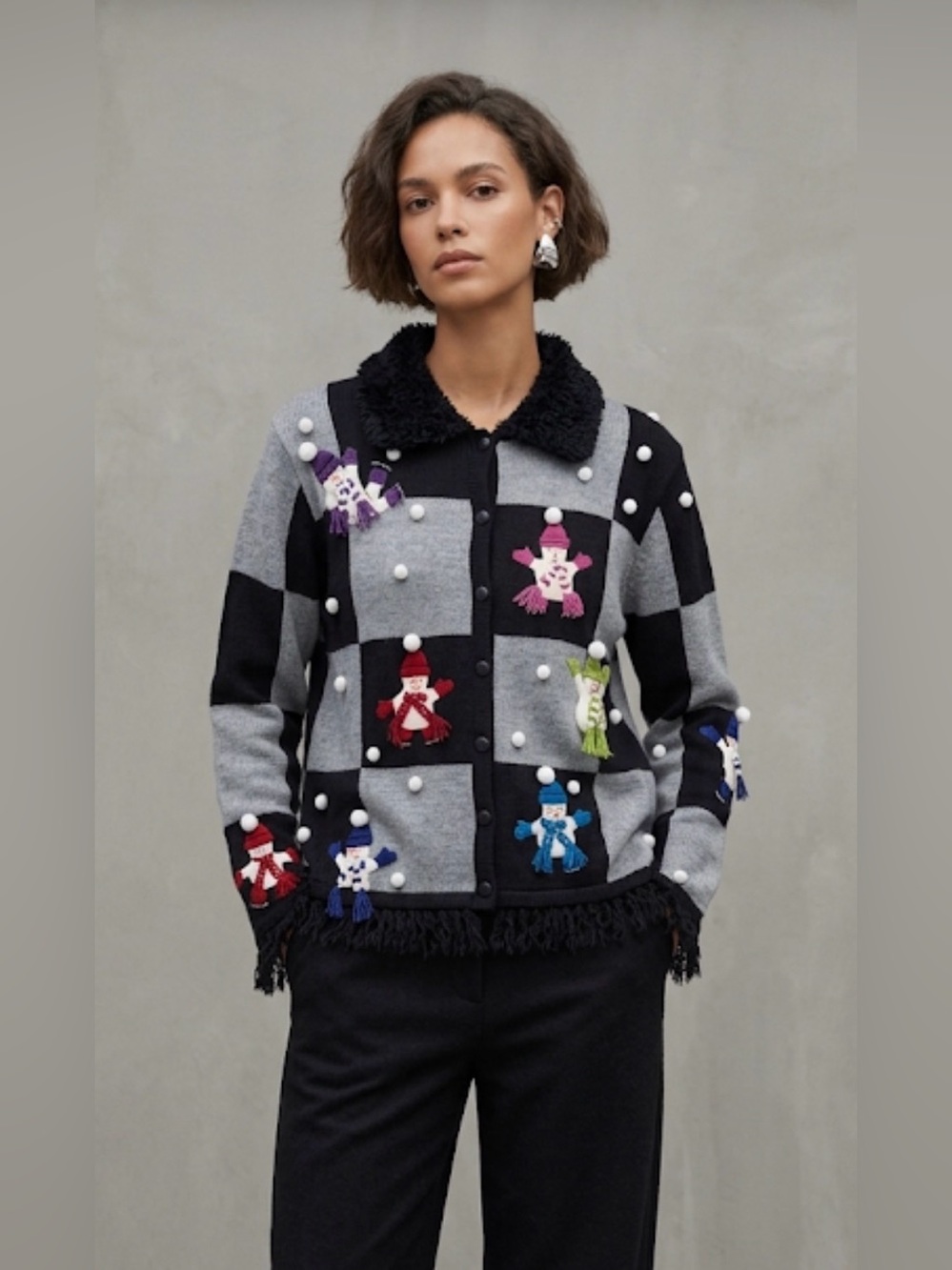 Karen Scott Women Patchwork Winter Snowman Fringe Wacky Cardigan Sweater PL